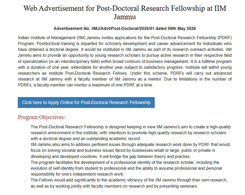 IIM Jammu Recruitment 2026 -  Post-Doctoral Research Fellowship (PDRF) Program