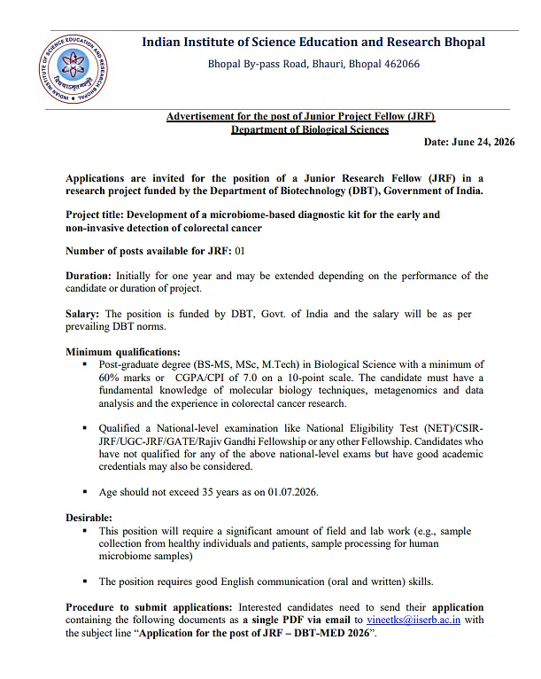 IISER Bhopal Recruitment 2026: Junior Research Fellow (JRF) under DBT-Funded Project