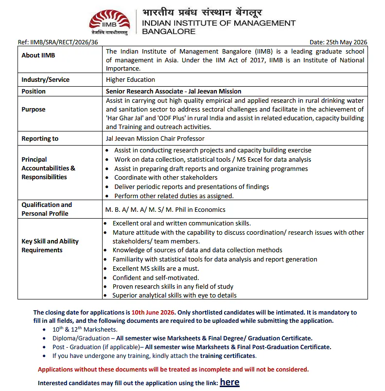 IIM Bangalore Recruitment 2026: Senior Research Associate 