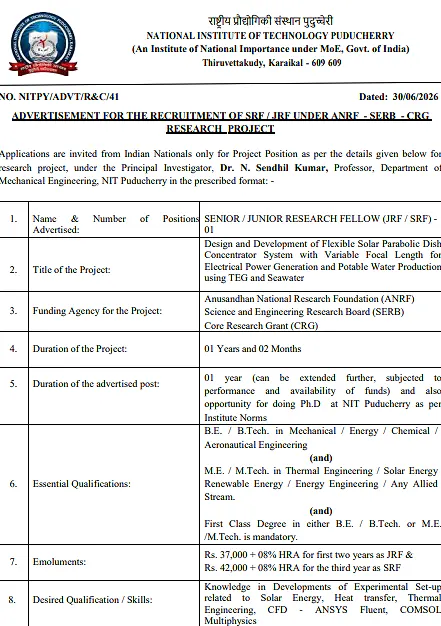 Senior/Junior Research Fellow (SRF/JRF) Recruitment 2026 at NIT Puducherry