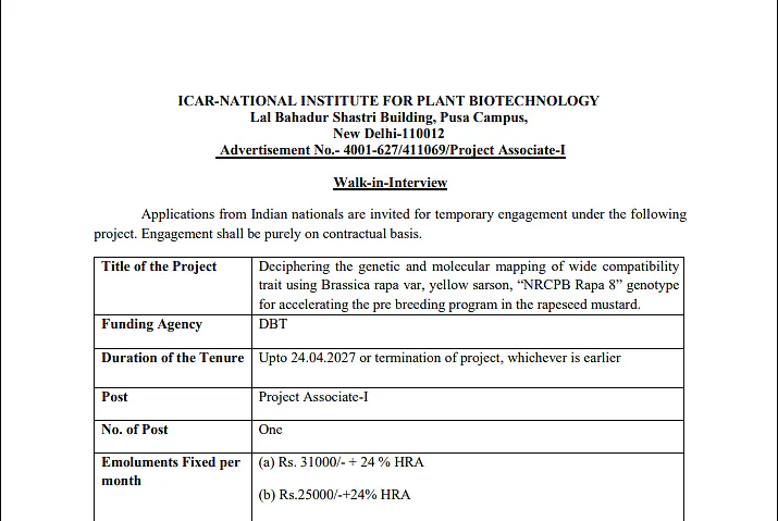 Research Recruitment 2026: ICAR-National Institute for Plant Biotechnology (NIPB)