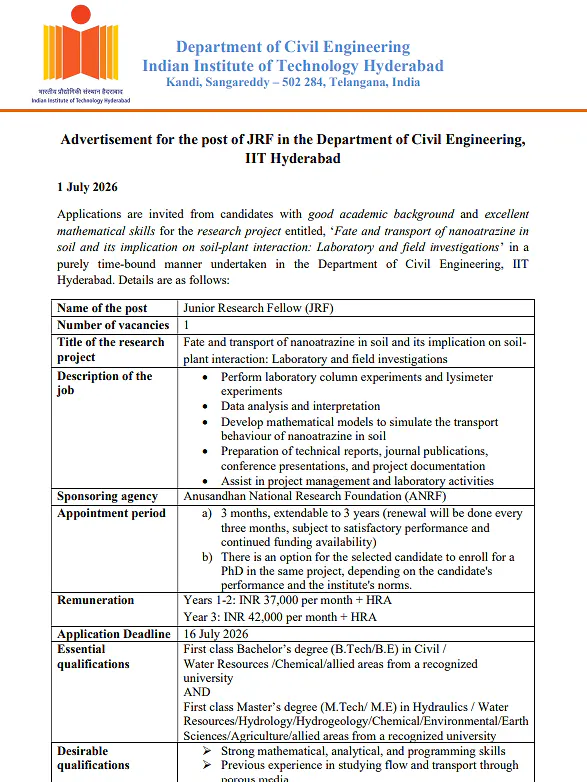 IIT Hyderabad Invites Applications for Junior Research Fellow (JRF) Position in Civil Engineering