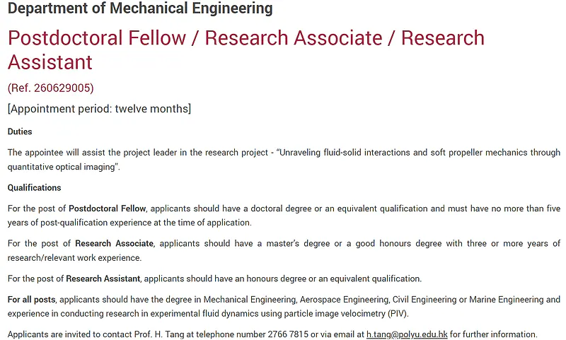 Hong Kong Polytechnic University Invites Applications for Postdoctoral Fellow / Research Associate / Research Assistant Positions