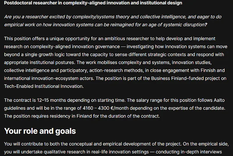Postdoctoral Researcher in Complexity-Aligned Innovation and Institutional Design
