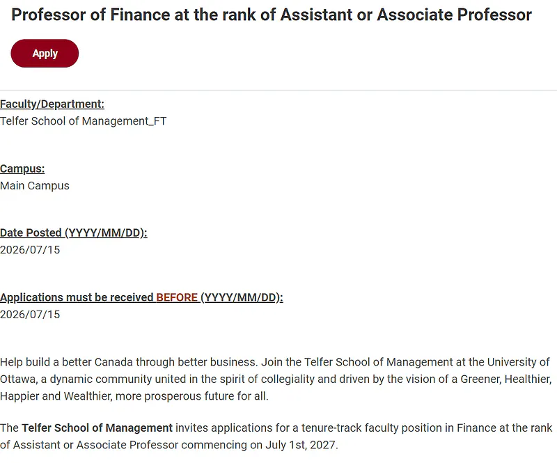 University of Ottawa Faculty Recruitment 2026: Professor of Finance