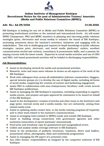 IIM Kashipur Recruitment 2026: Administrative Trainee / Associate – Media & Public Relations