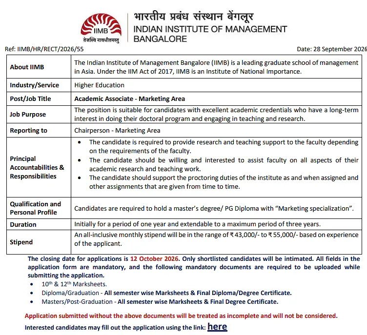 Academic Associate – Marketing Area Recruitment 2026 – IIM Bangalore