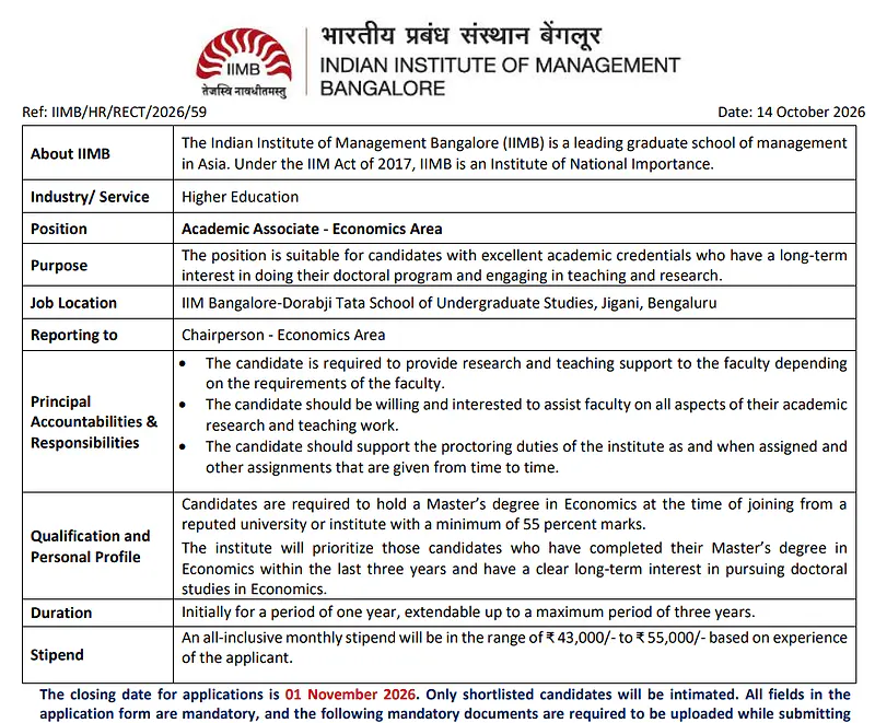 Academic Associate – Economics Area Recruitment 2026 at IIM Bangalore | Apply by 1 November