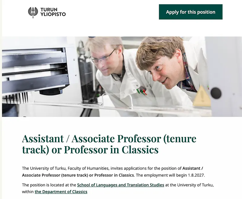 Assistant / Associate Professor (Tenure Track) or Professor in Classics – University of Turku