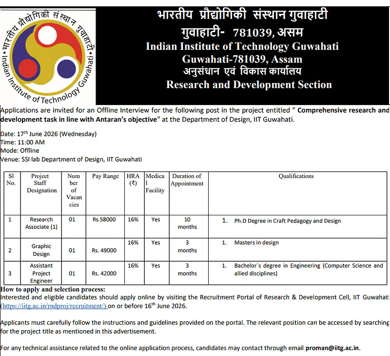 IIT Guwahati Recruitment 2026 | Research Associate, Graphic Designer & Assistant Project Engineer Positions