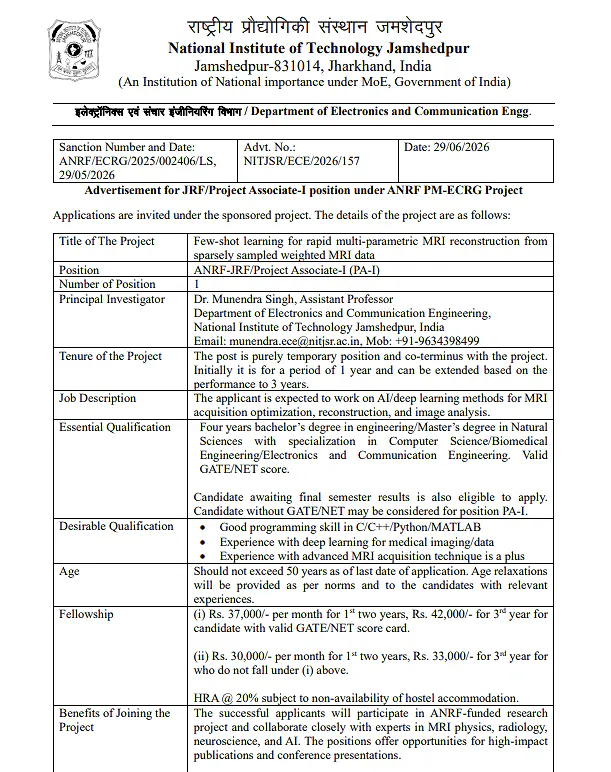 JRF / Project Associate-I Recruitment 2026 at NIT Jamshedpur