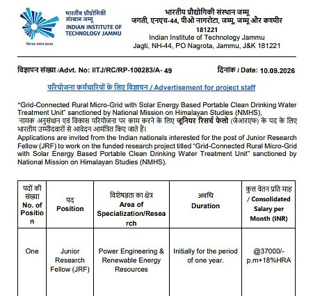IIT Jammu Junior Research Fellow (JRF) Recruitment 2026 – NMHS Project