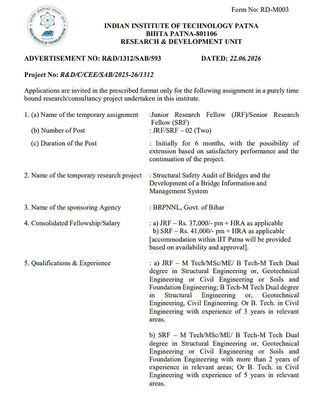 IIT Patna Recruitment 2026 | JRF & SRF Vacancies under BRPNNL Sponsored Project