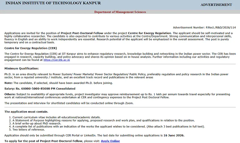 IIT Kanpur Recruitment 2026 | Project Post-Doctoral Fellow (Centre for Energy Regulation)