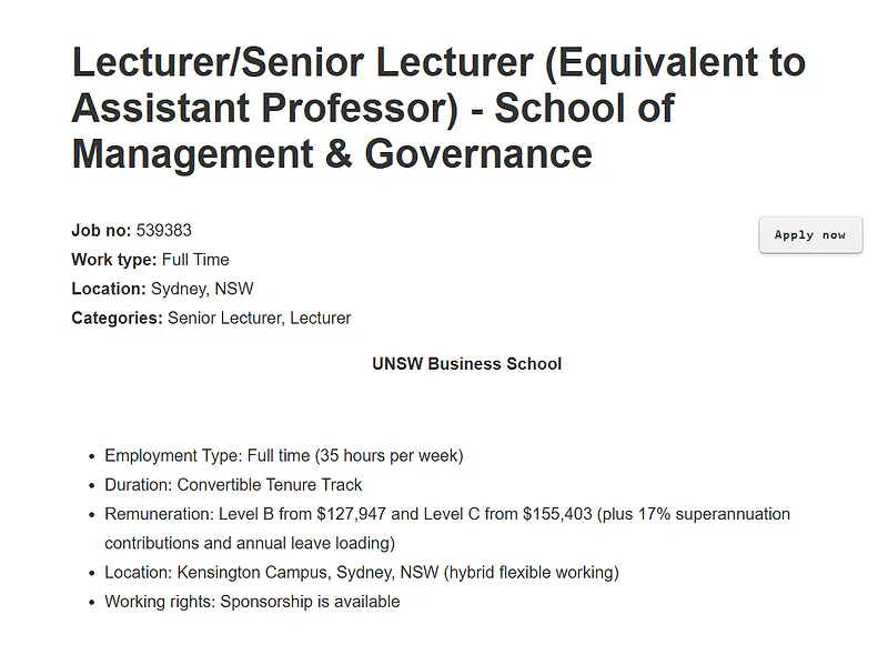 UNSW Recruitment 2026: Lecturer/Senior Lecturer (Equivalent to Assistant Professor) – School of Management & Governance