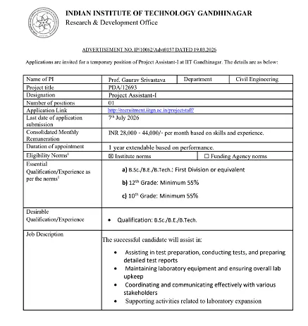 Project Assistant-I Recruitment 2026 at IIT Gandhinagar