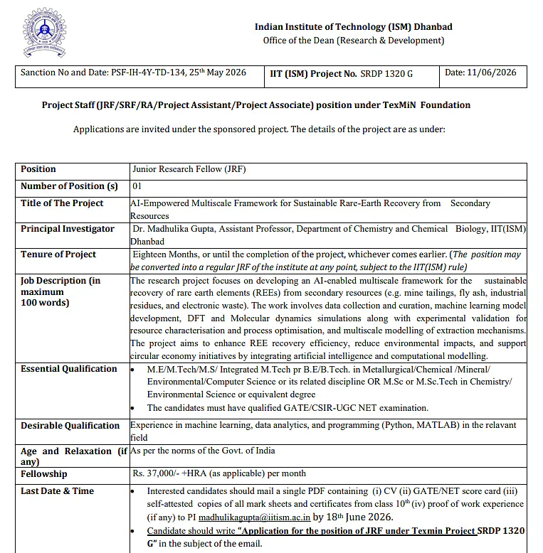 Junior Research Fellow (JRF) Recruitment 2026 at IIT (ISM) Dhanbad | TexMIN Foundation Project