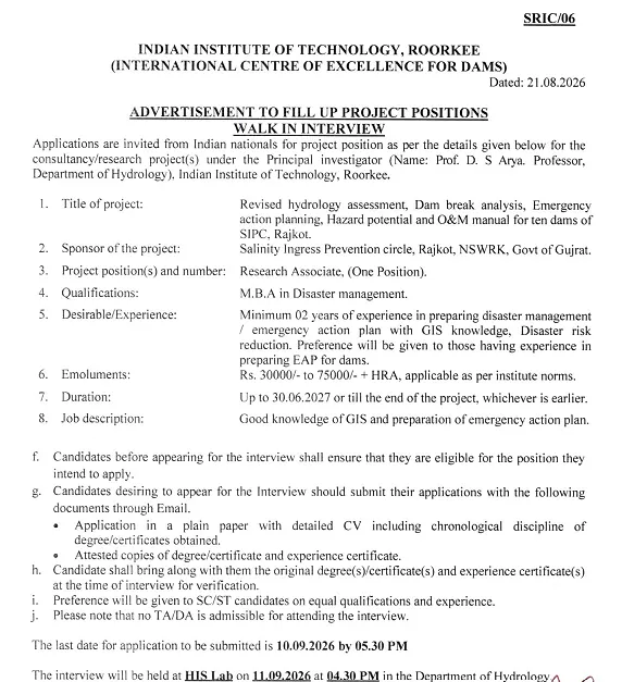 Research Associate Recruitment 2026 at IIT Roorkee – Dam Safety & Emergency Action Planning Project