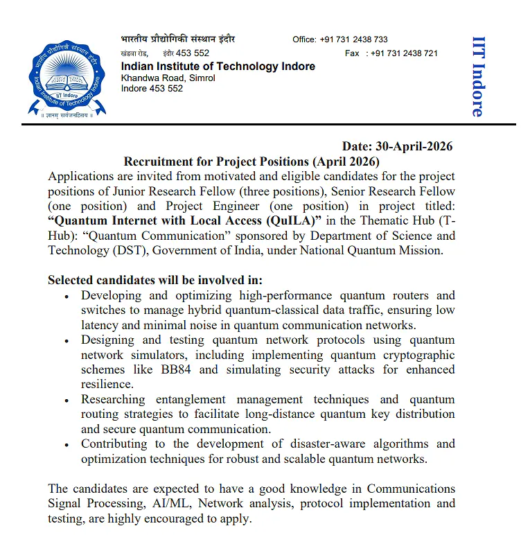 Recruitment for Quantum Communication Project: IIT Indore