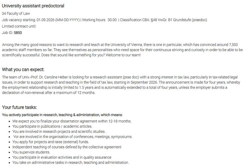 University of Vienna Pre-Doctoral Position in Tax Law