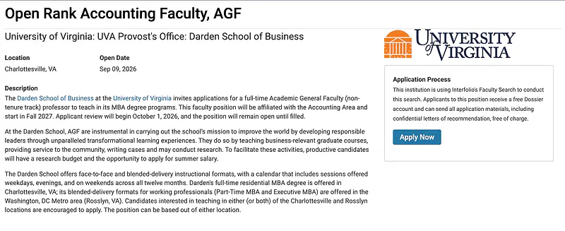 Open Rank Accounting Faculty, AGF – University of Virginia