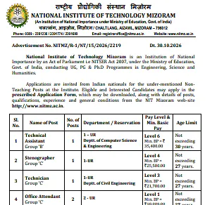 NIT Mizoram Non-Teaching Recruitment 2026 – Technical Assistant, Stenographer, Technician & Office Attendant Vacancies
