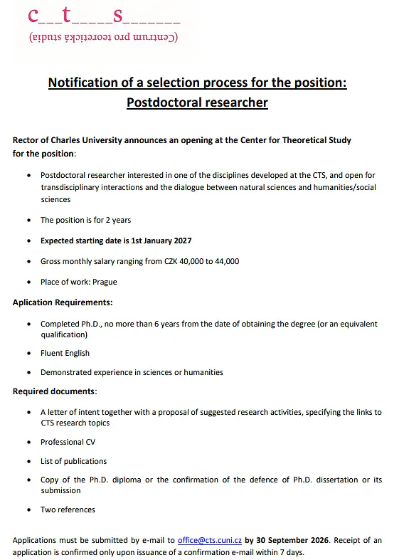 Charles University Postdoctoral Researcher Recruitment 2026 at Center for Theoretical Study