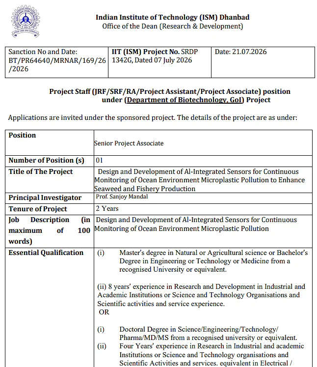Senior Project Associate Recruitment 2026 at IIT (ISM) Dhanbad – AI-Integrated Sensors for Microplastic Pollution Monitoring