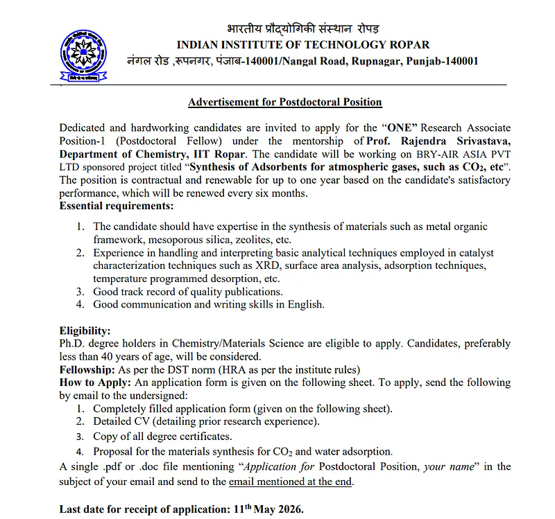 IIT Ropar Recruitment 2026  Postdoctoral Research Associate Position 