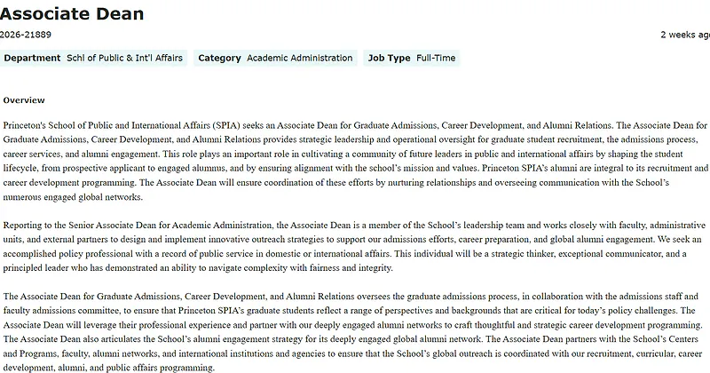Princeton University Recruitment 2026 - Associate Dean – School of Public and International Affairs 