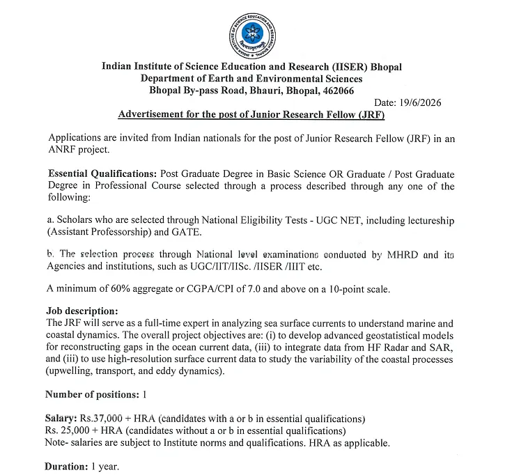 IISER Bhopal Recruitment 2026: Junior Research Fellow (JRF) Position in Earth and Environmental Sciences