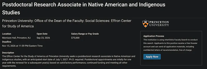 Postdoctoral Opportunity: Postdoctoral Research Associate in Native American and Indigenous Studies – Princeton University