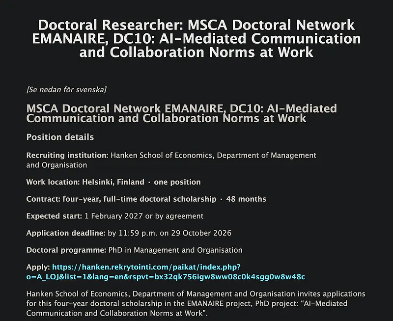 PhD Opportunity: Doctoral Researcher in AI-Mediated Communication and Collaboration Norms at Work – Hanken School of Economics