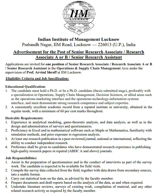 Senior Research Associate / Research Associate / Senior Research Assistant Recruitment 2026 at IIM Lucknow – Research Opportunity