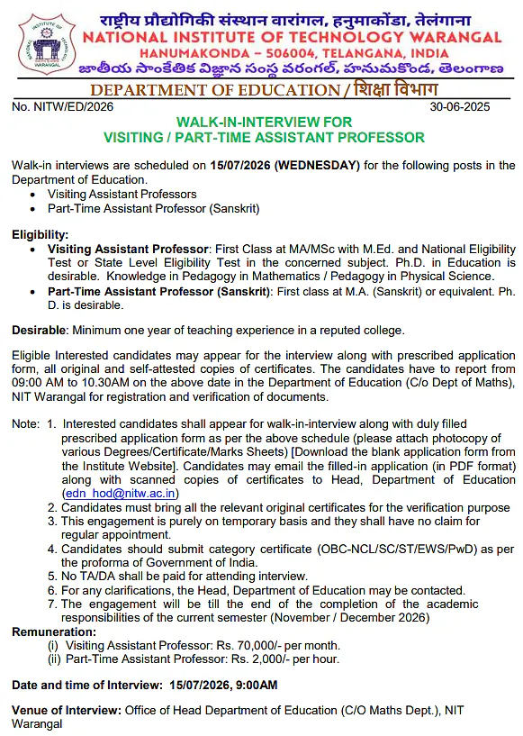 NIT Warangal Walk-in Interview 2026 for Visiting and Part-Time Assistant Professors