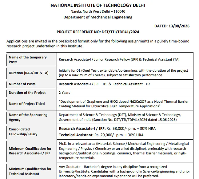 NIT Delhi Recruitment 2026: Research Associate-I, Junior Research Fellow (JRF) and Technical Assistant – DST Funded Project