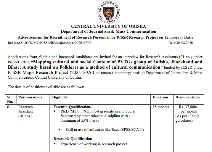 Central University of Odisha Recruitment 2026: Research Assistant Position