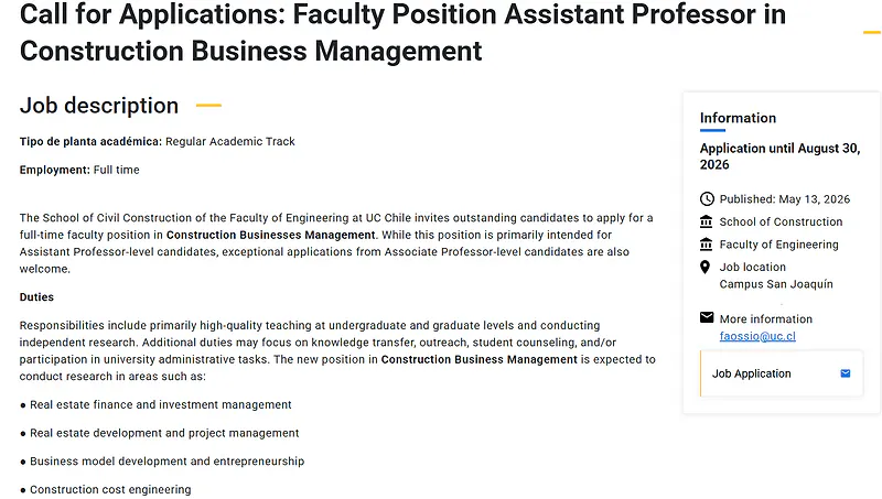 UC Chile Recruitment 2026: Assistant Professor in Construction Business Management | Faculty of Engineering 