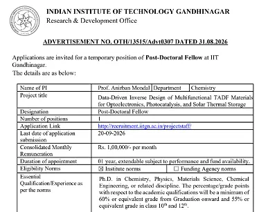 Post-Doctoral Fellow Recruitment 2026 at IIT Gandhinagar – Data-Driven TADF Materials Research Project