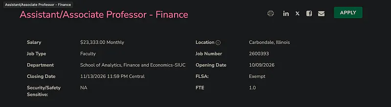 Faculty Opportunity: Assistant / Associate Professor of Finance – Southern Illinois University Carbondale