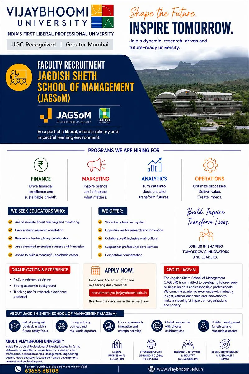 Faculty Recruitment: Management Disciplines – Jagdish Sheth School of Management (JAGSoM) | Vijaybhoomi University
