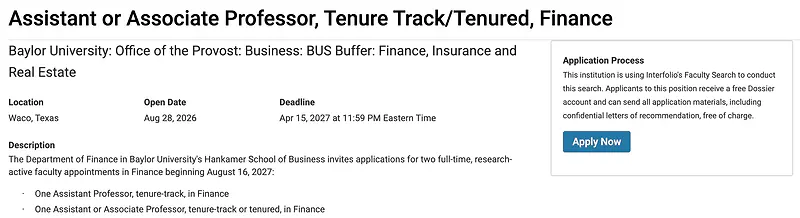Assistant or Associate Professor, Tenure Track/Tenured, Finance – Baylor University