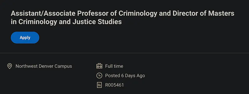 Assistant / Associate Professor of Criminology & Director of Master’s in Criminology and Justice Studies – Regis University