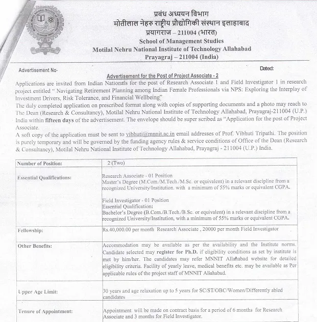 Research Associate & Field Investigator Recruitment 2026 at MNNIT Allahabad – Project Positions