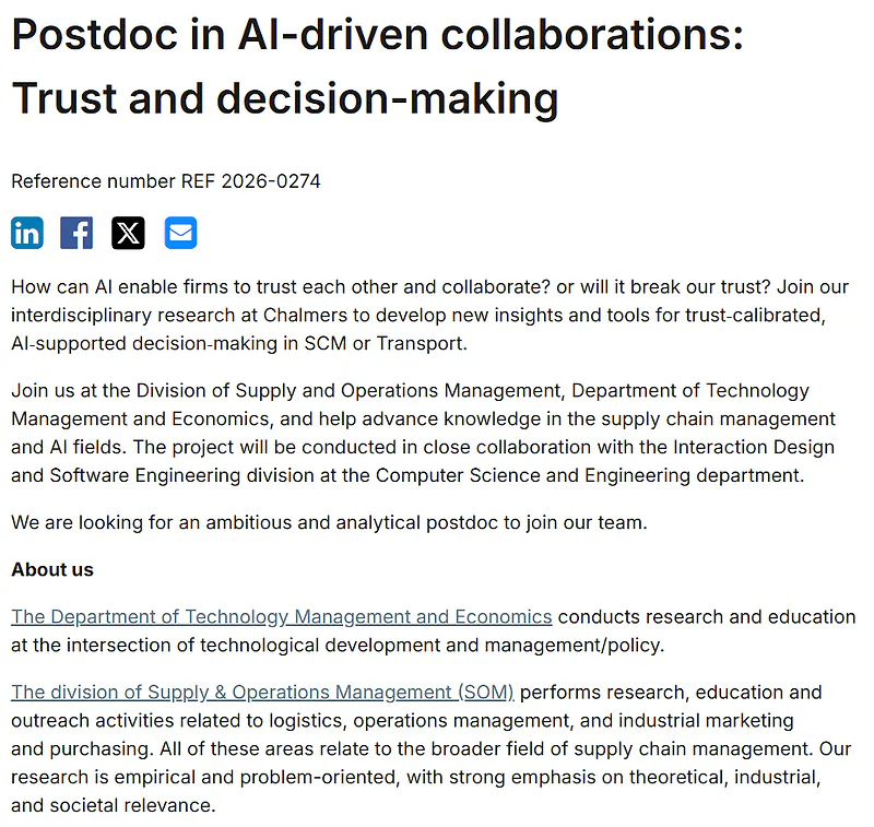 Chalmers University Postdoctoral Position in AI-Driven Collaboration