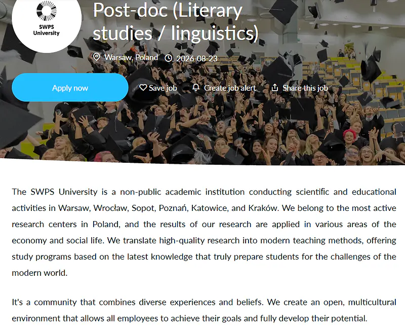 SWPS University Postdoctoral Researcher Recruitment 2026 in Literary Studies / Linguistics