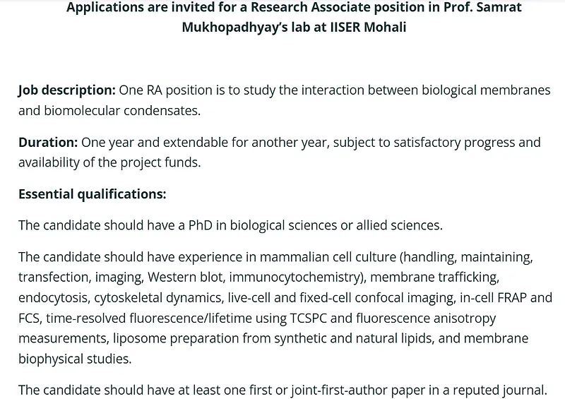 Research Associate Recruitment at IISER Mohali – Biological Membranes & Biomolecular Condensates