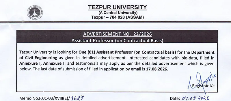 Tezpur University Assistant Professor Recruitment 2026