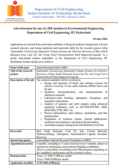 Junior Research Fellow (JRF) Recruitment 2026 at IIT Hyderabad