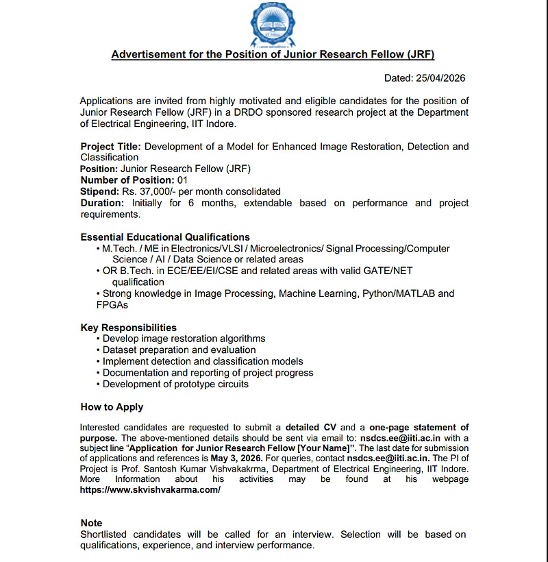 JRF Recruitment 2026 – IIT Indore (DRDO Project)